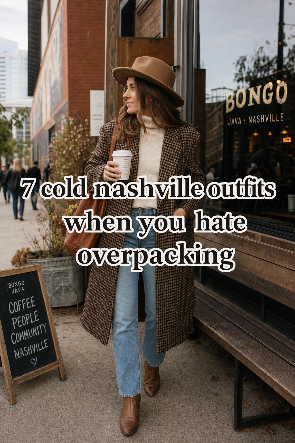 Woman in layered coat and boots outside a Nashville café showing cold Nashville outfits with subtle western style