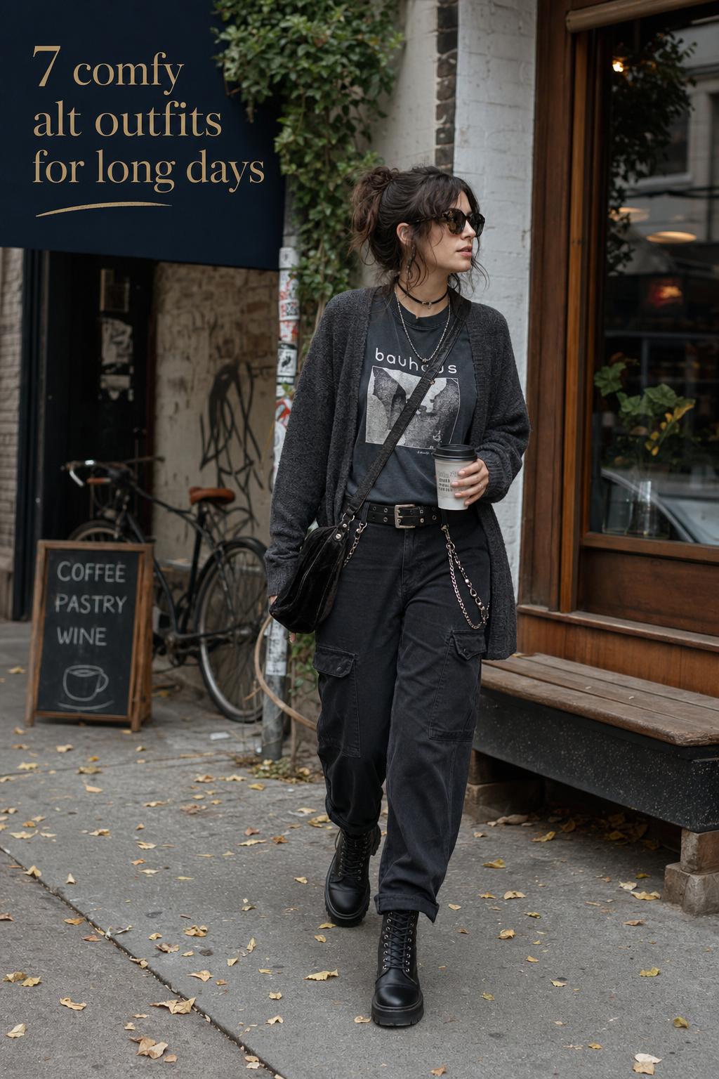 Comfy alt outfits street style outside a NYC coffee shop, adult in layered black cardigan, cargo pants, and combat boots