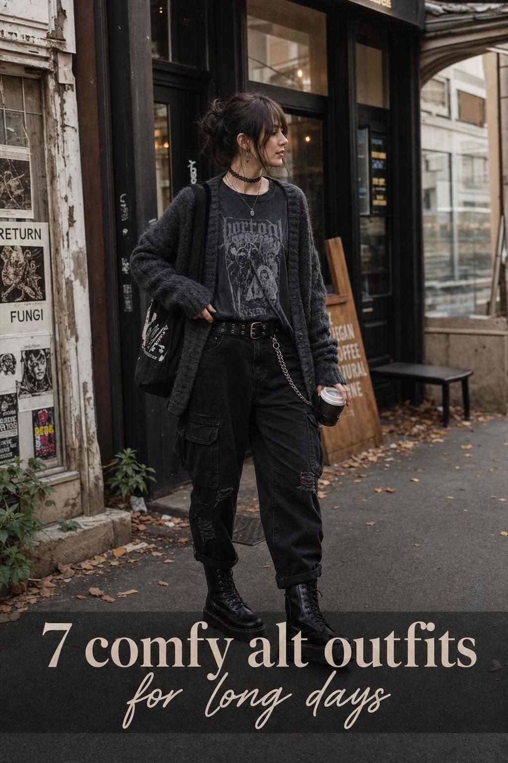 Woman in city street wearing comfy alt outfits with layered black tee, charcoal cardigan, cargo pants and combat boots