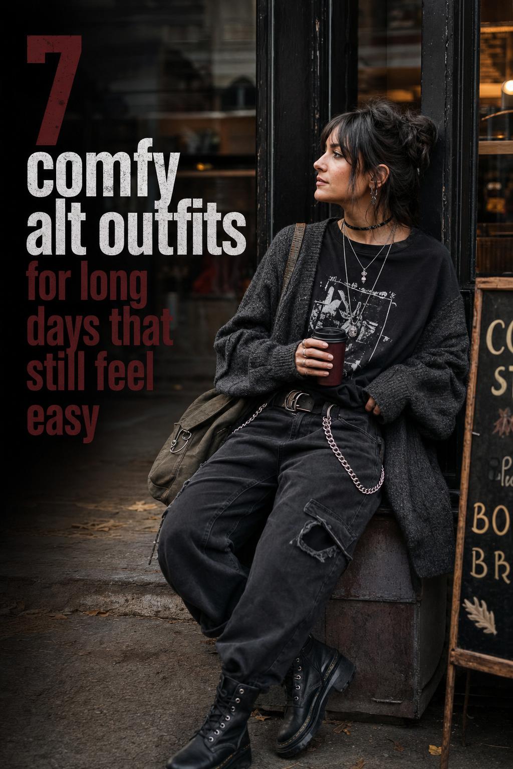 Comfy alt outfits in a moody NYC fall street editorial photo, layered black tee, charcoal cardigan, cargo pants and boots