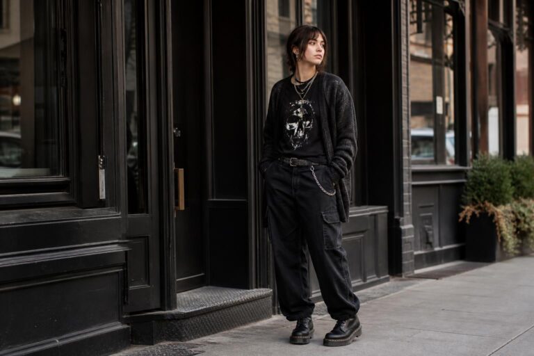 Comfy alt outfits with oversized hoodie, cargo pants, chunky boots, and layered chains in a dark everyday street style