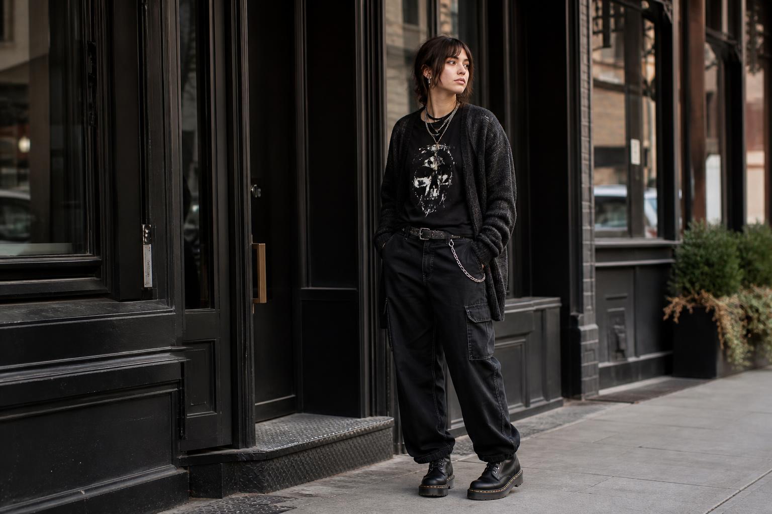 Comfy alt outfits with oversized hoodie, cargo pants, chunky boots, and layered chains in a dark everyday street style