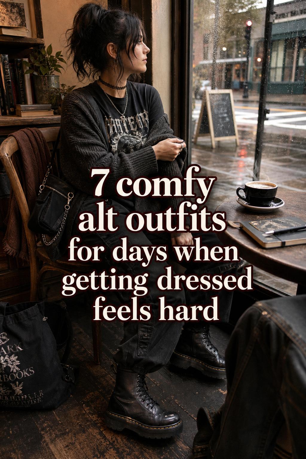 Comfy alt outfits: woman in black band tee, charcoal cardigan and cargo pants in a cozy rainy-day coffee shop by a window