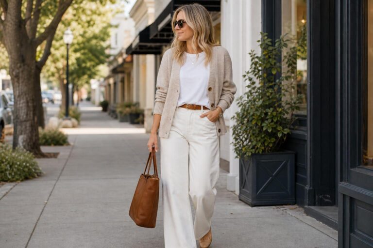 Comfy casual outfits with jeans, white tee, cardigan, and sneakers styled with a tote bag for a polished everyday look