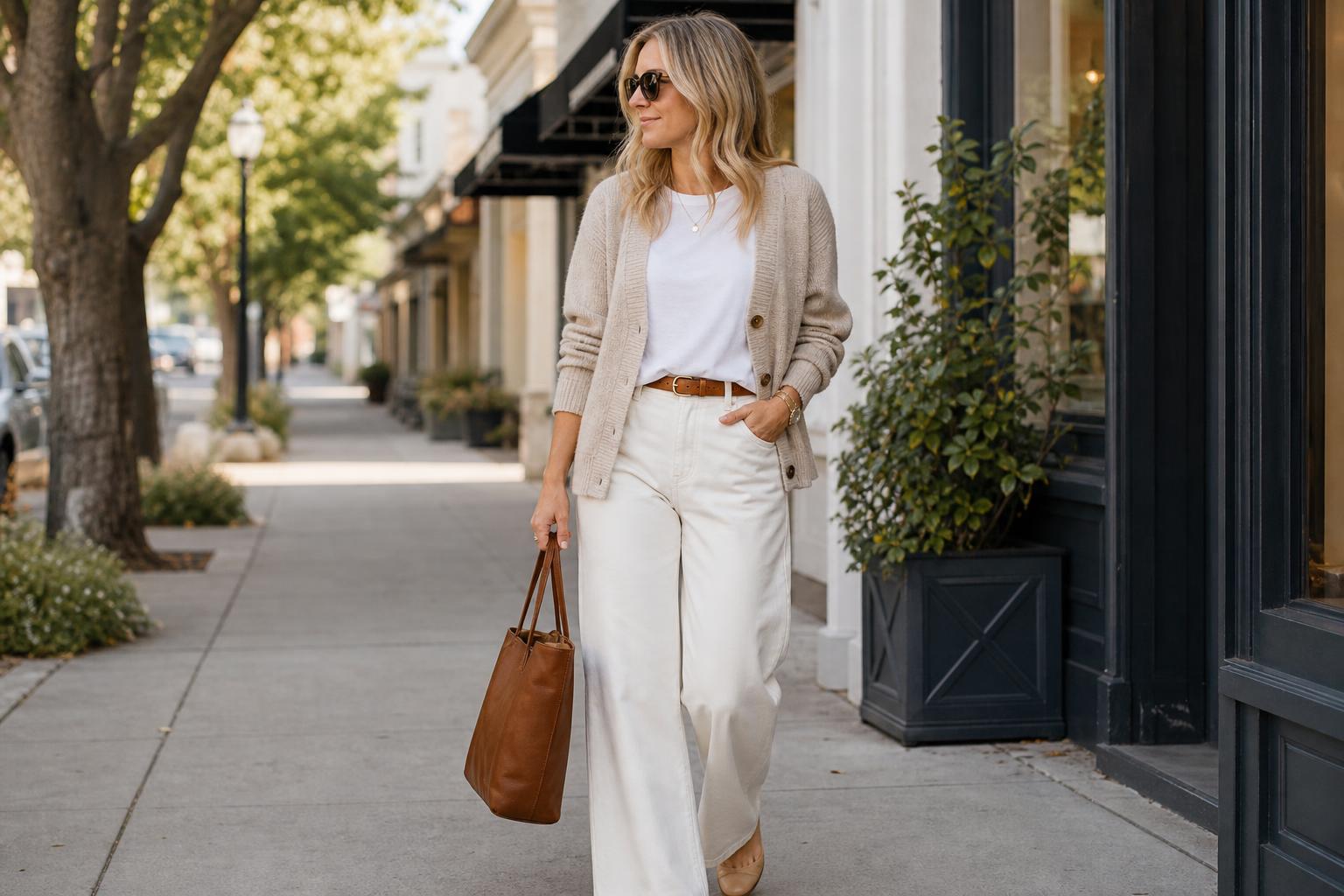 Comfy casual outfits with jeans, white tee, cardigan, and sneakers styled with a tote bag for a polished everyday look