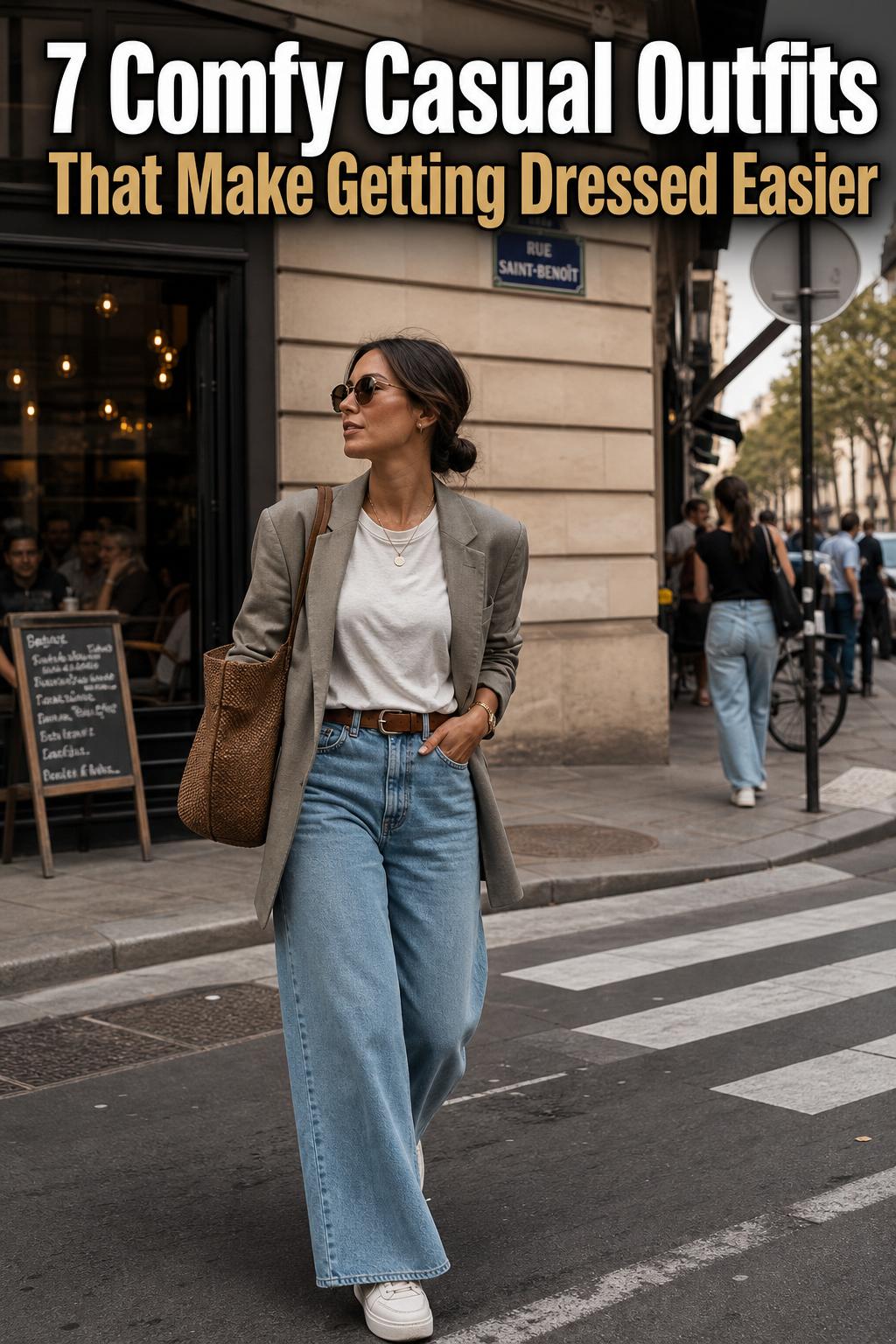 Comfy casual outfits laid out in neutral tones with soft knitwear, denim, and sneakers for everyday style