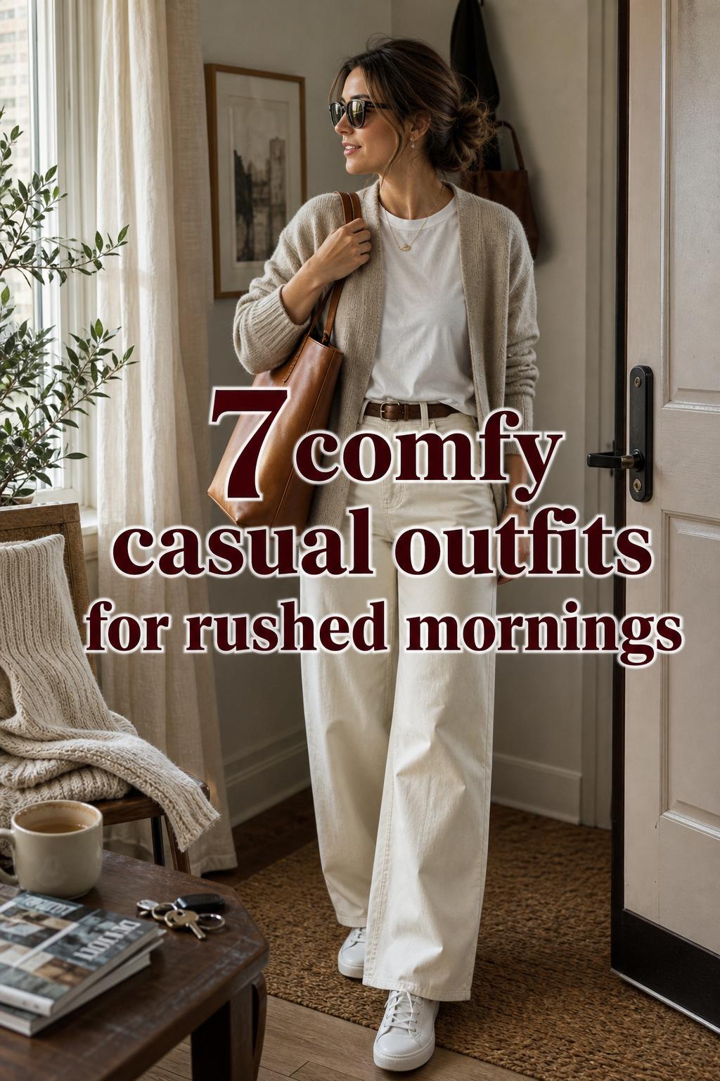 Woman in a warm home entryway wearing comfy casual outfits with cardigan, wide-leg trousers, sneakers, tote, and sunglasses