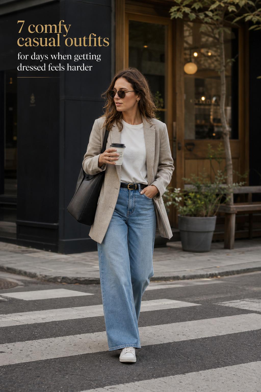 Comfy casual outfits street style with adult woman in denim, tee, blazer and tote outside a cafe in soft spring light
