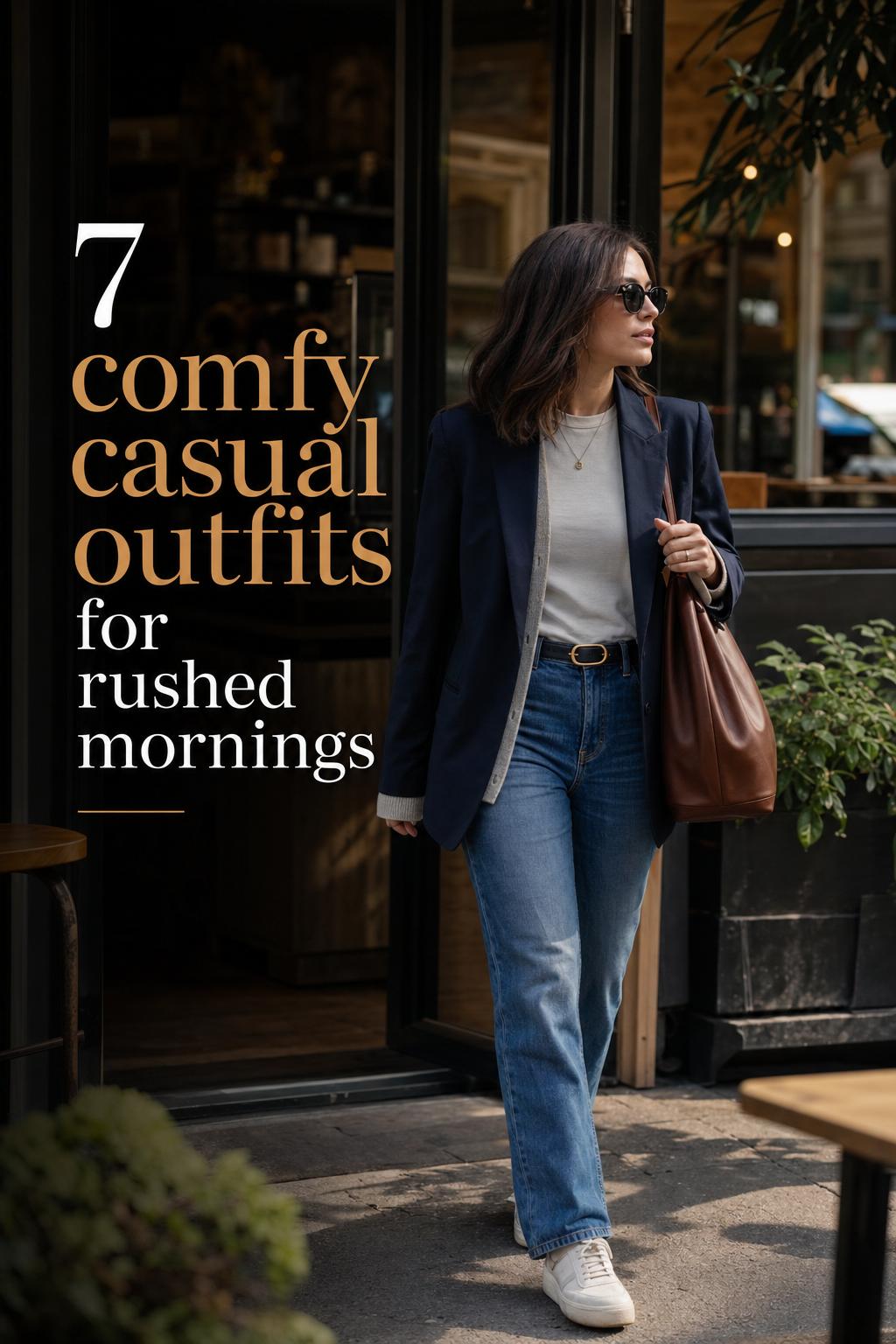 Woman leaving a corner cafe in layered denim and blazer street style, showcasing comfy casual outfits in golden-hour light