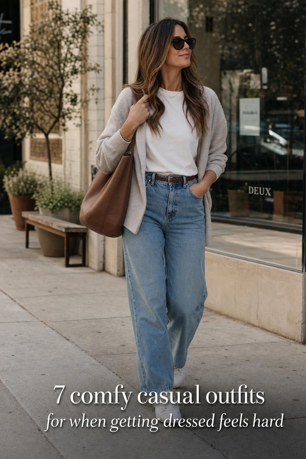Adult woman in wide-leg trousers and blazer at a cafe, showcasing comfy casual outfits with sneakers and tote