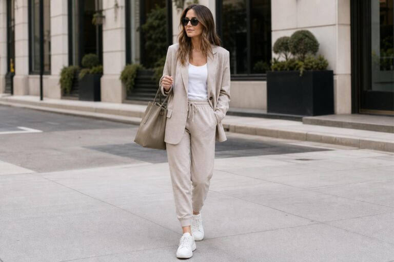 Comfy chic outfits with blazer, tailored joggers, and heels for a polished everyday street style look