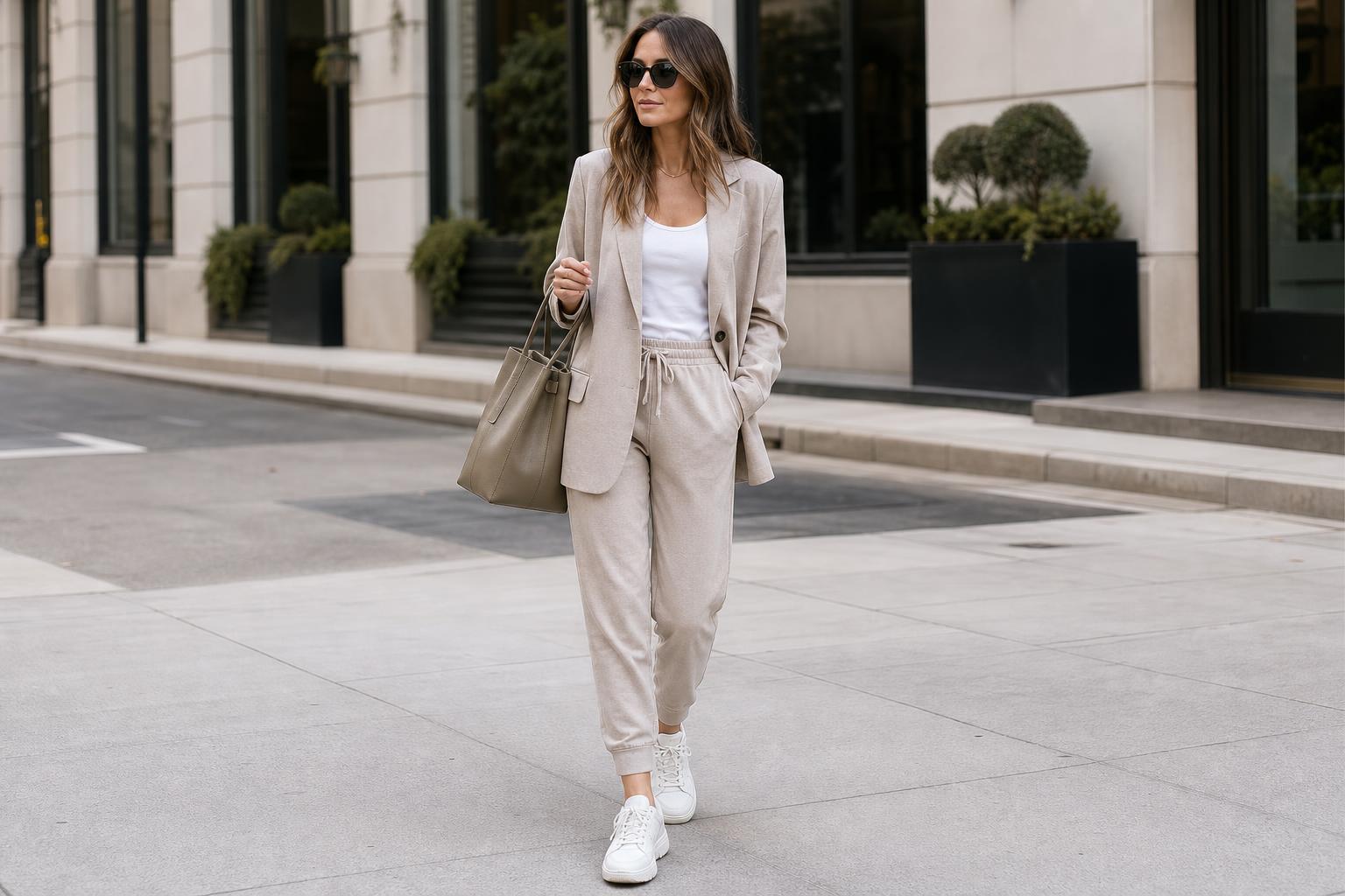 Comfy chic outfits with blazer, tailored joggers, and heels for a polished everyday street style look