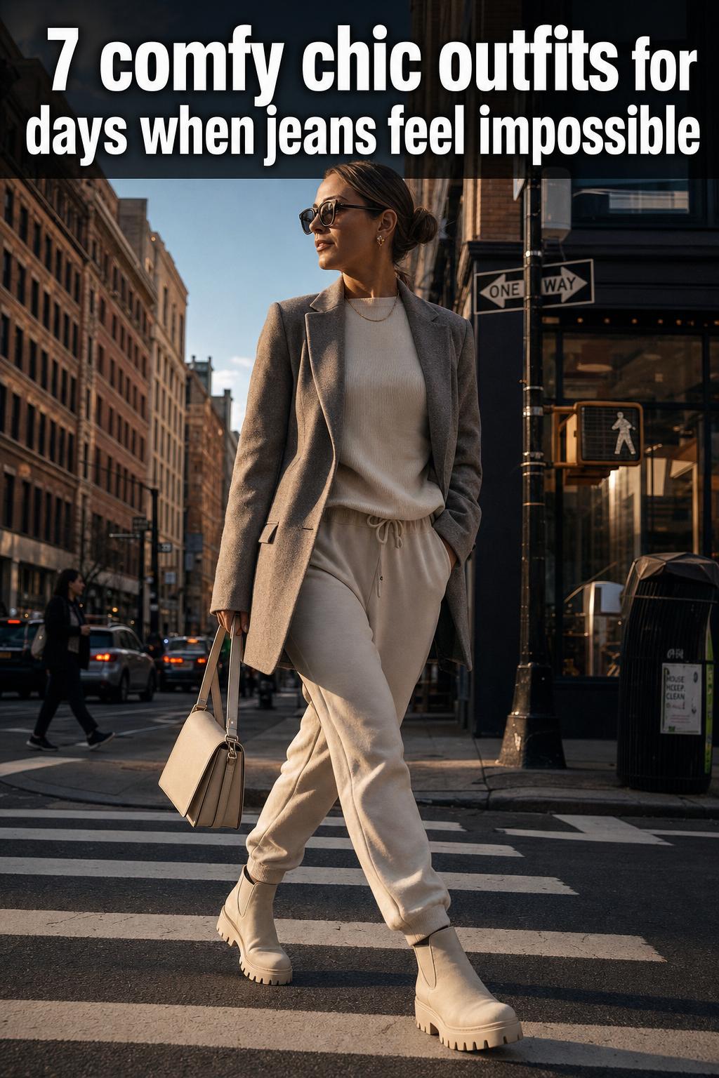 Comfy chic outfits styled in neutral layers with a cozy sweater, tailored trousers, and leather loafers