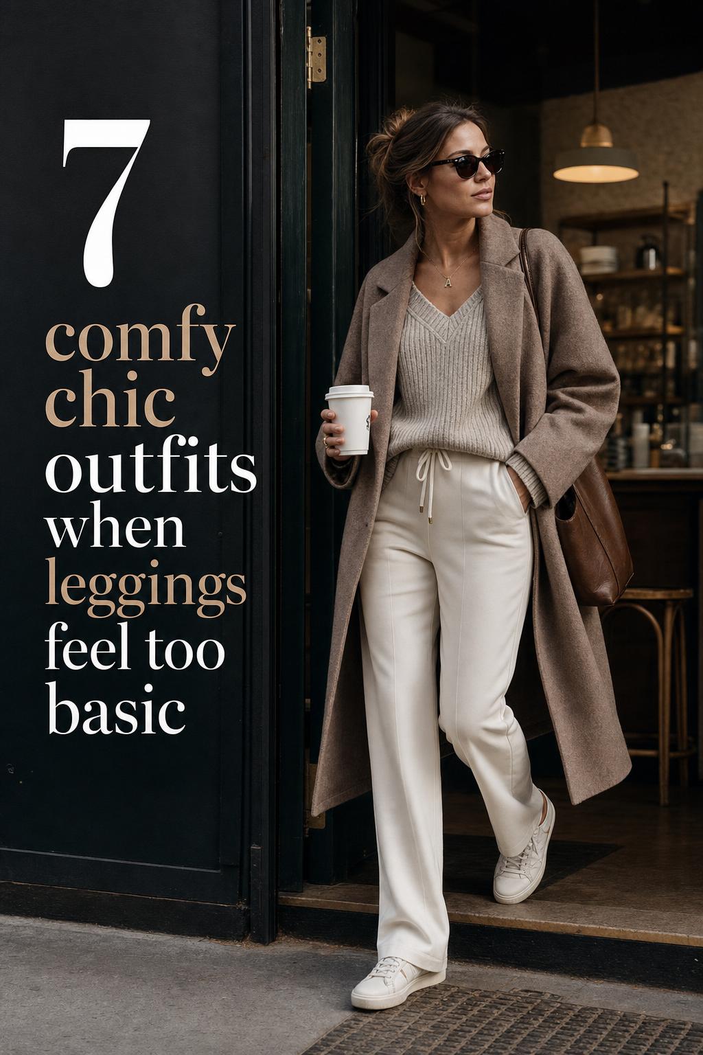 Adult woman in refined city setting wearing comfy chic outfits with blazer, knit top, tailored joggers, and coffee cup