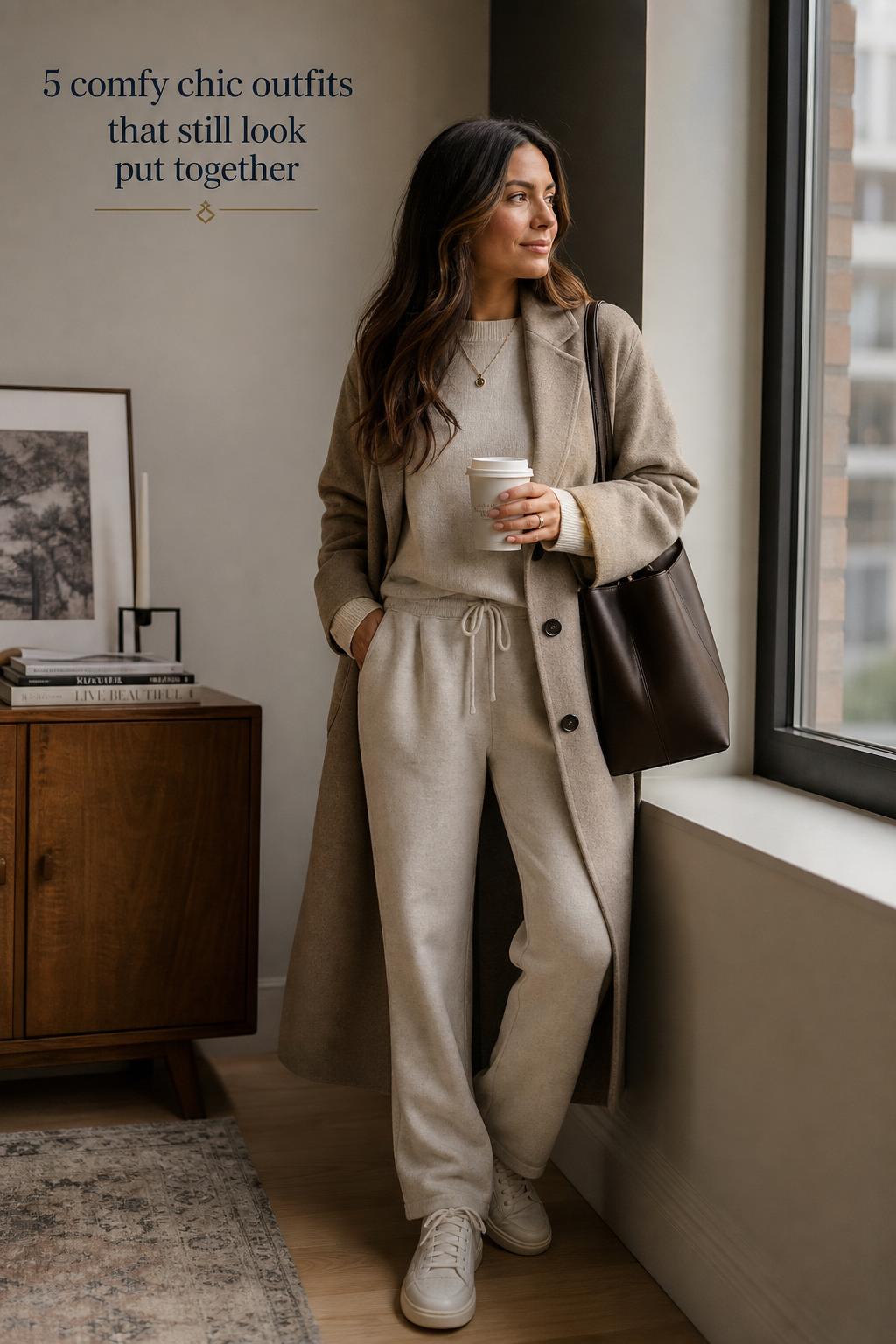 Woman in city apartment wearing comfy chic outfits with blazer and knit top, soft daylight and editorial text overlay