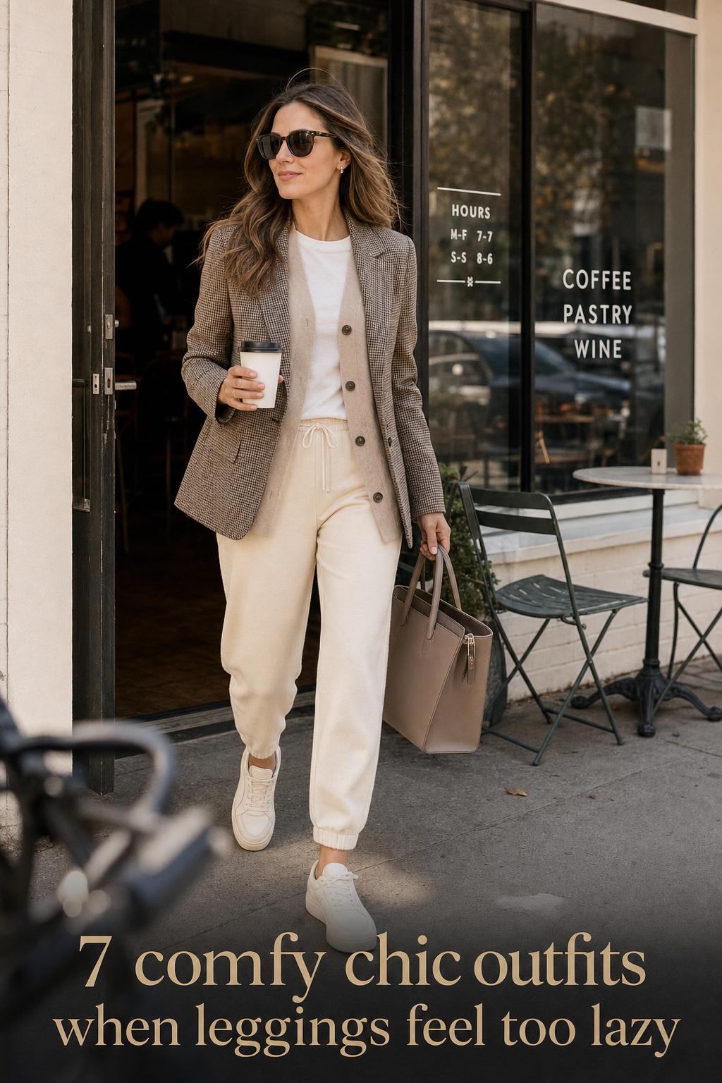 Comfy chic outfits: woman leaving a neighborhood coffee shop in NYC with takeaway coffee, blazer and joggers in soft morning light