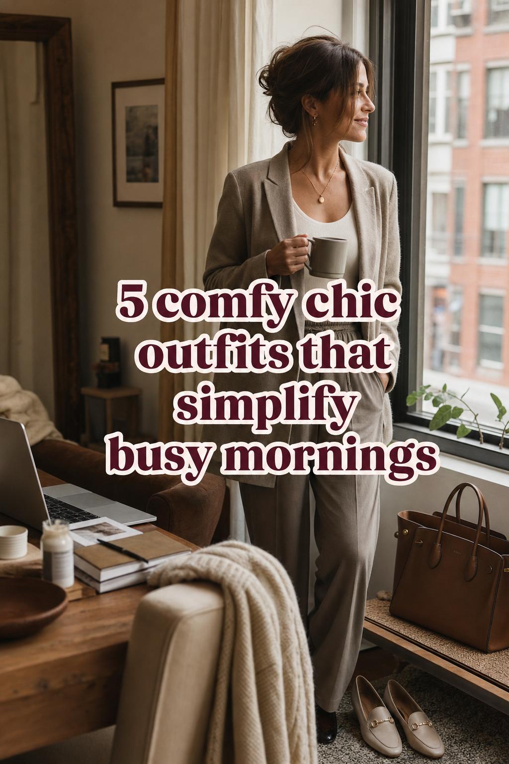 Comfy chic outfits in a warm urban apartment as a woman adjusts her blazer by a window with bag, shoes, and coffee mug