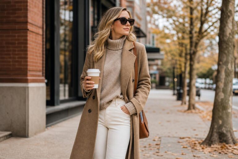 Comfy fall outfits with a camel knit sweater, dark denim, ankle boots, and trench coat in warm autumn light
