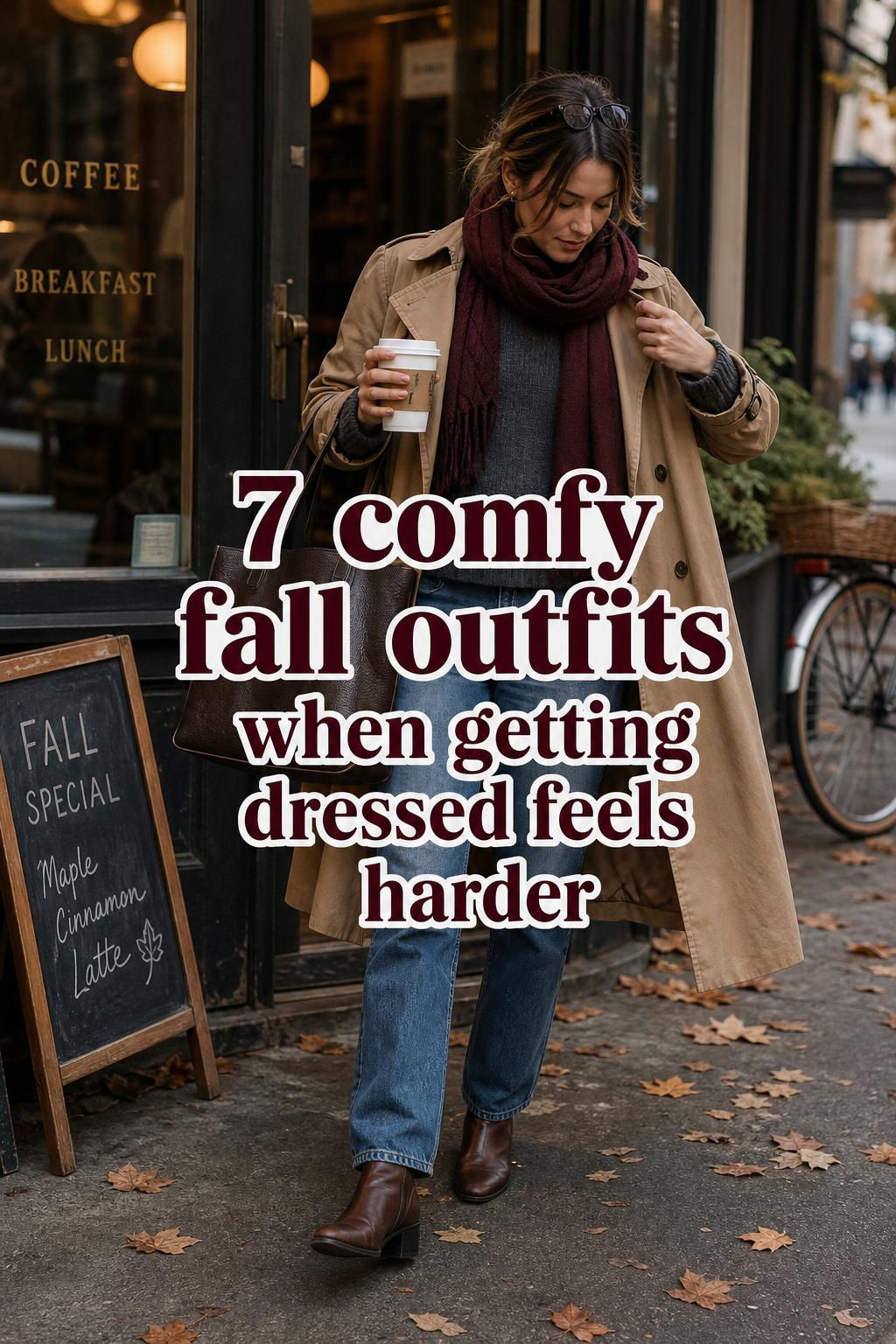 Woman in camel trench and scarf during a coffee run outside a café, showcasing comfy fall outfits with layered styling