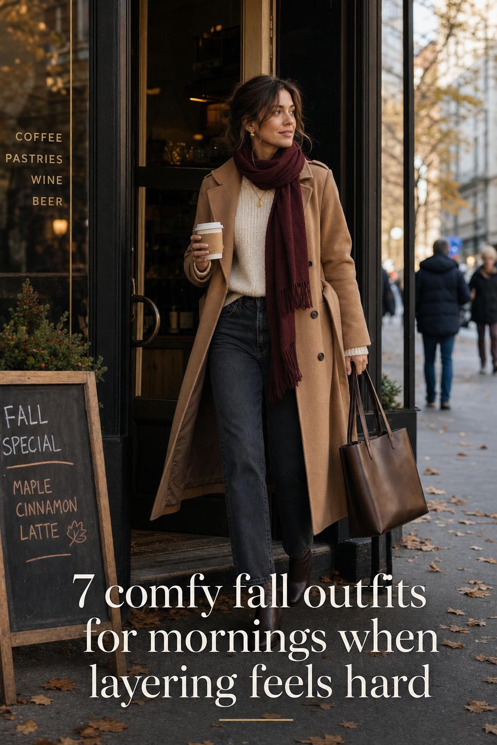 Comfy fall outfits street style: adult woman in camel trench, knit sweater and scarf leaving a city coffee shop