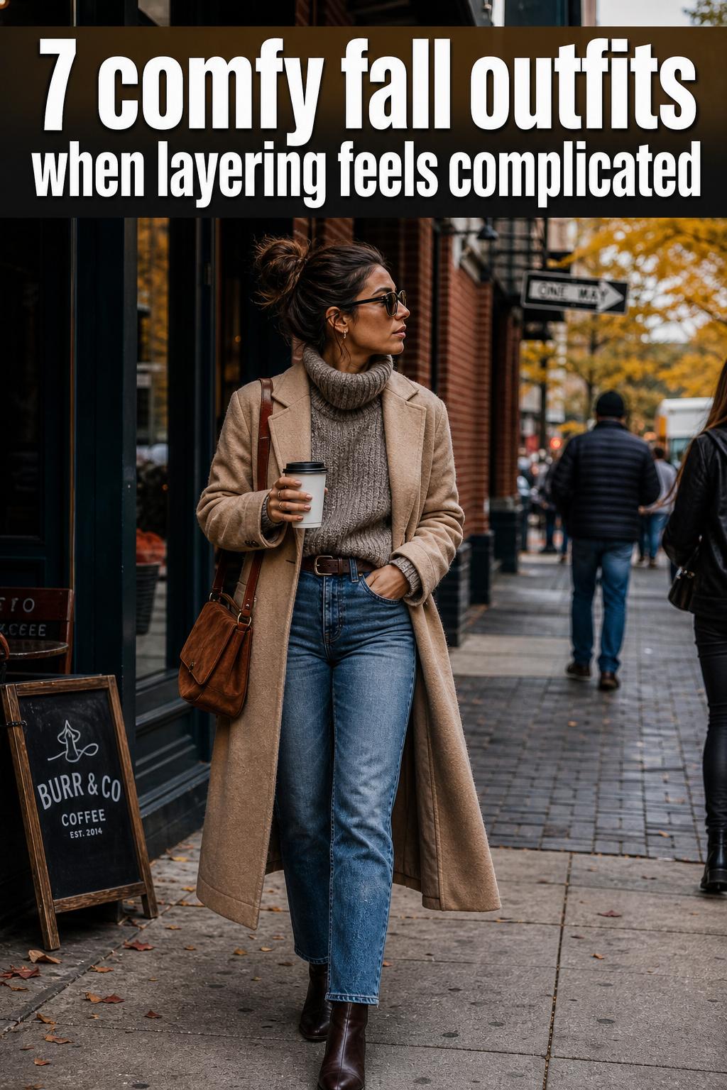 Comfy fall outfits with a cozy knit sweater, scarf, jeans, and ankle boots on a city street
