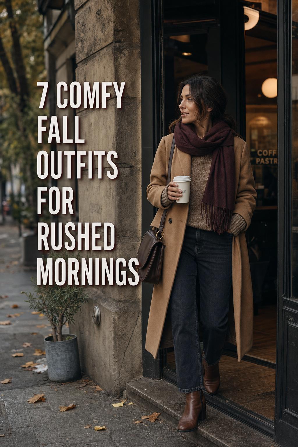 Woman in layered camel coat and burgundy scarf walking out of a café, comfy fall outfits for chilly mornings