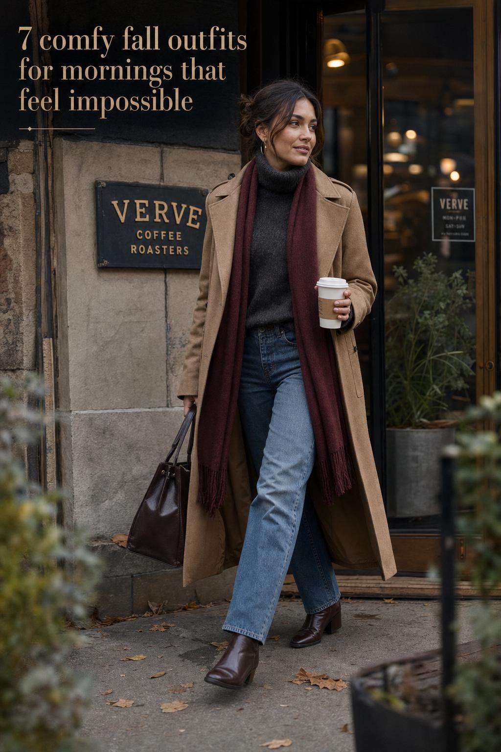 Woman in camel trench and scarf outside coffee shop, walking with takeaway cup—comfy fall outfits in the city