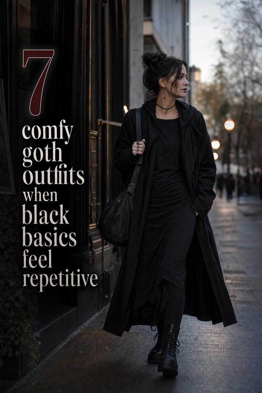 Woman in layered black street style wearing comfy goth outfits on a city street at dusk with editorial text overlay