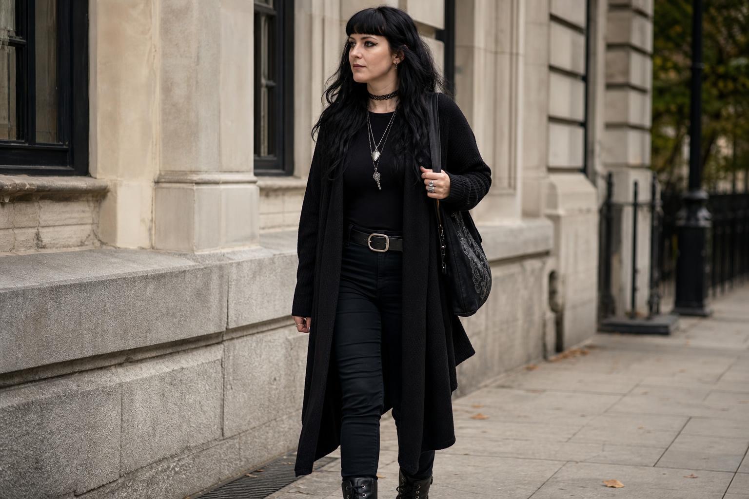 Comfy goth outfits with black leggings, oversized hoodie, and combat boots styled for everyday streetwear comfort