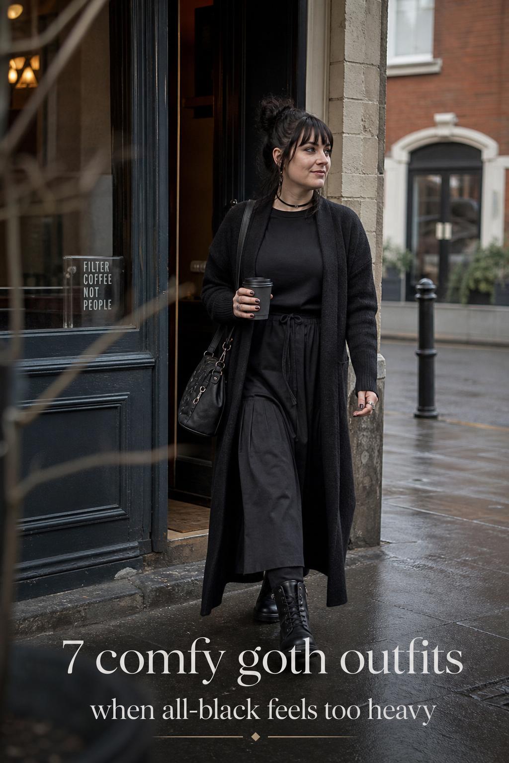 Comfy goth outfits layered in black as an adult walks out of a city coffee shop on an overcast street