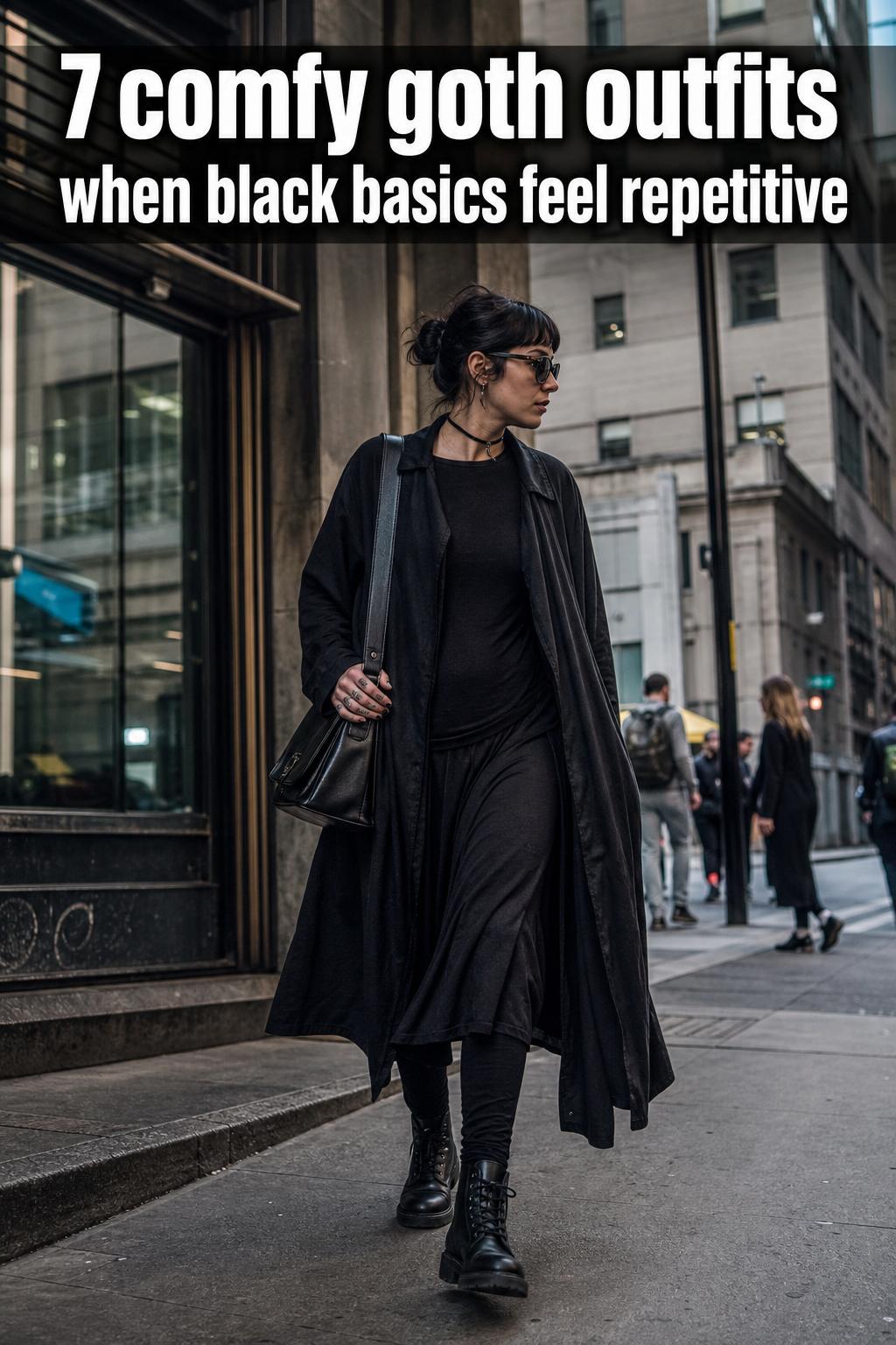 Comfy goth outfits styled in a cozy black layered look with boots and soft knit textures