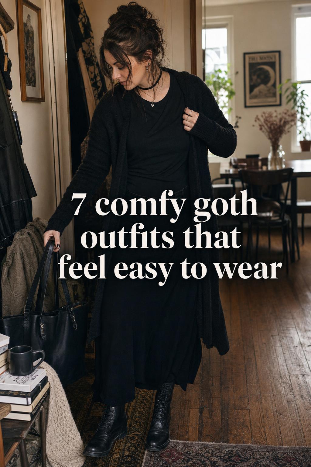 Comfy goth outfits styling in a cozy entryway as a woman adjusts a long black cardigan and grabs a tote bag