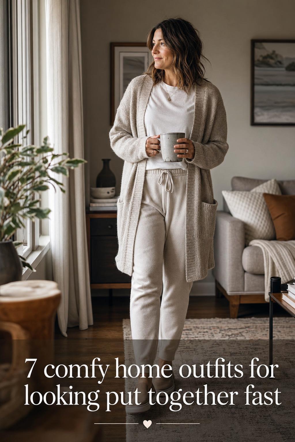 Woman in soft window light wearing comfy home outfits with knit joggers, tee and cardigan in a cozy living room