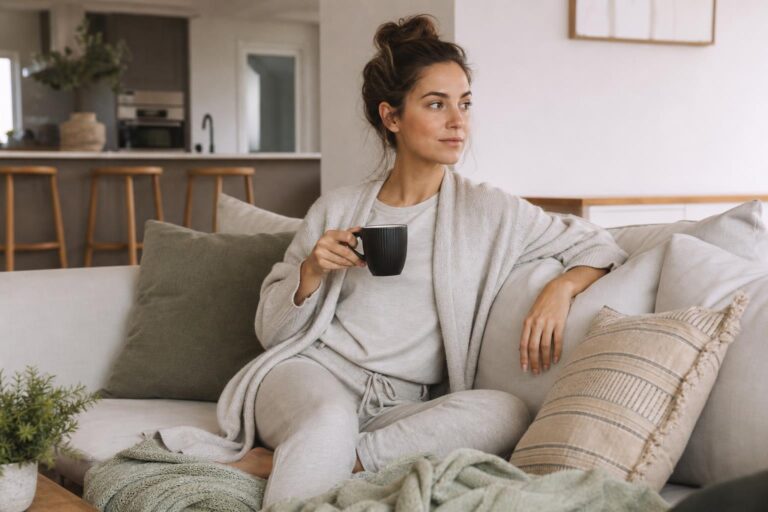 Comfy home outfits with a knit set and cardigan, styled for a polished work-from-home look in soft neutral tones