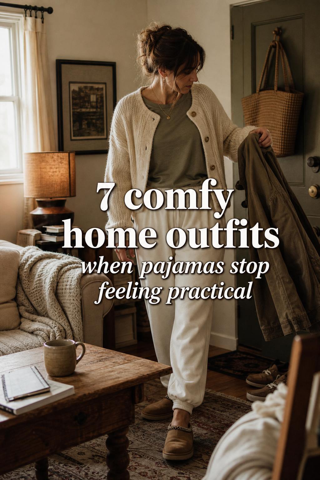 Comfy home outfits scene with adult woman in cream knit cardigan and joggers, reading notes in warm living room
