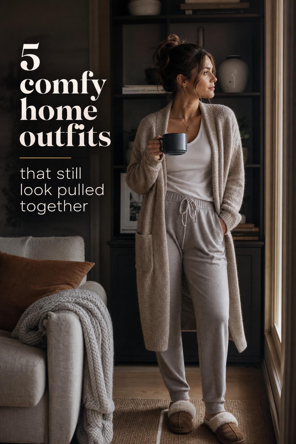 Adult woman in a softly lit living room wearing comfy home outfits, holding a mug in relaxed modern knit loungewear.
