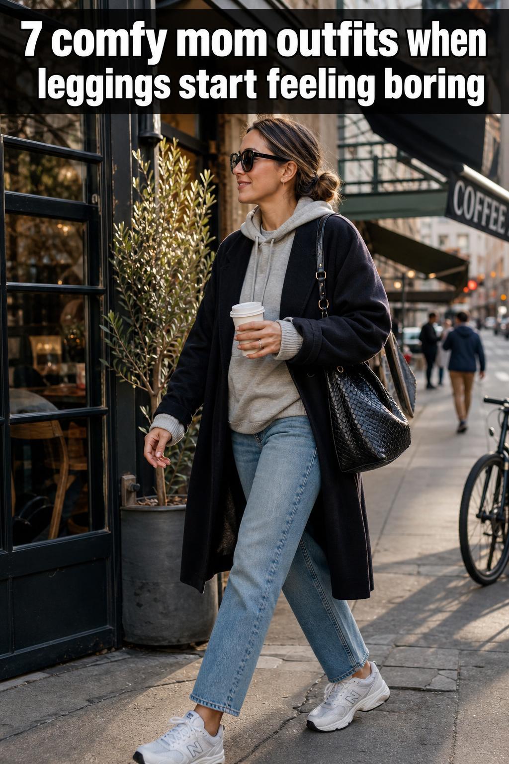 Comfy mom outfits styled in a cozy casual look, perfect for everyday errands and relaxed weekends