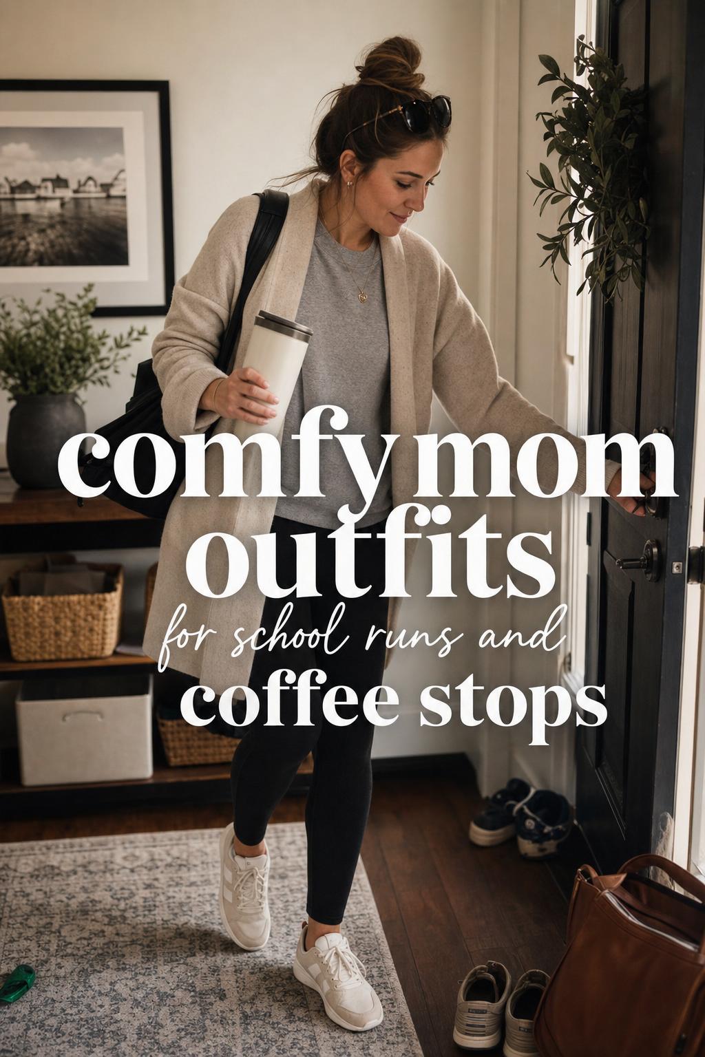 Comfy mom outfits with leggings, knit sweater and sneakers in a candid coffee-stop scene with warm natural light.