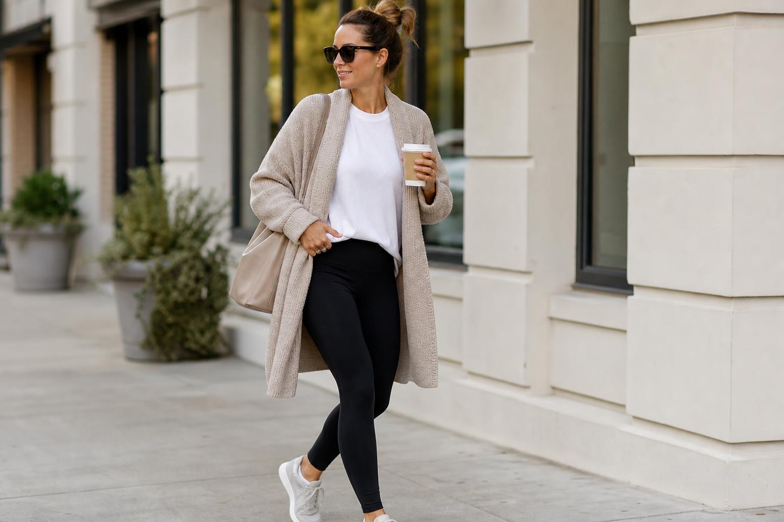 Comfy mom outfits with leggings, long knit cardigan, and clean white sneakers for a polished everyday school-run look