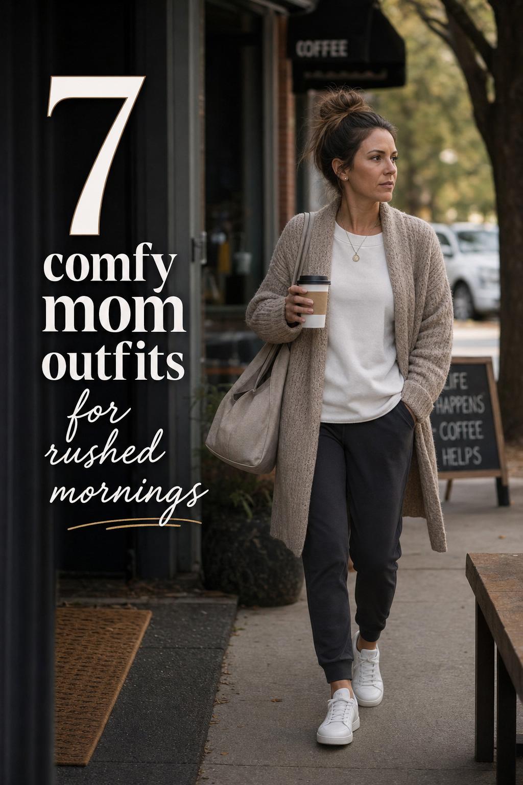 Comfy mom outfits street-style look with woman in knit sweater, jeans and sneakers outside a neighborhood café