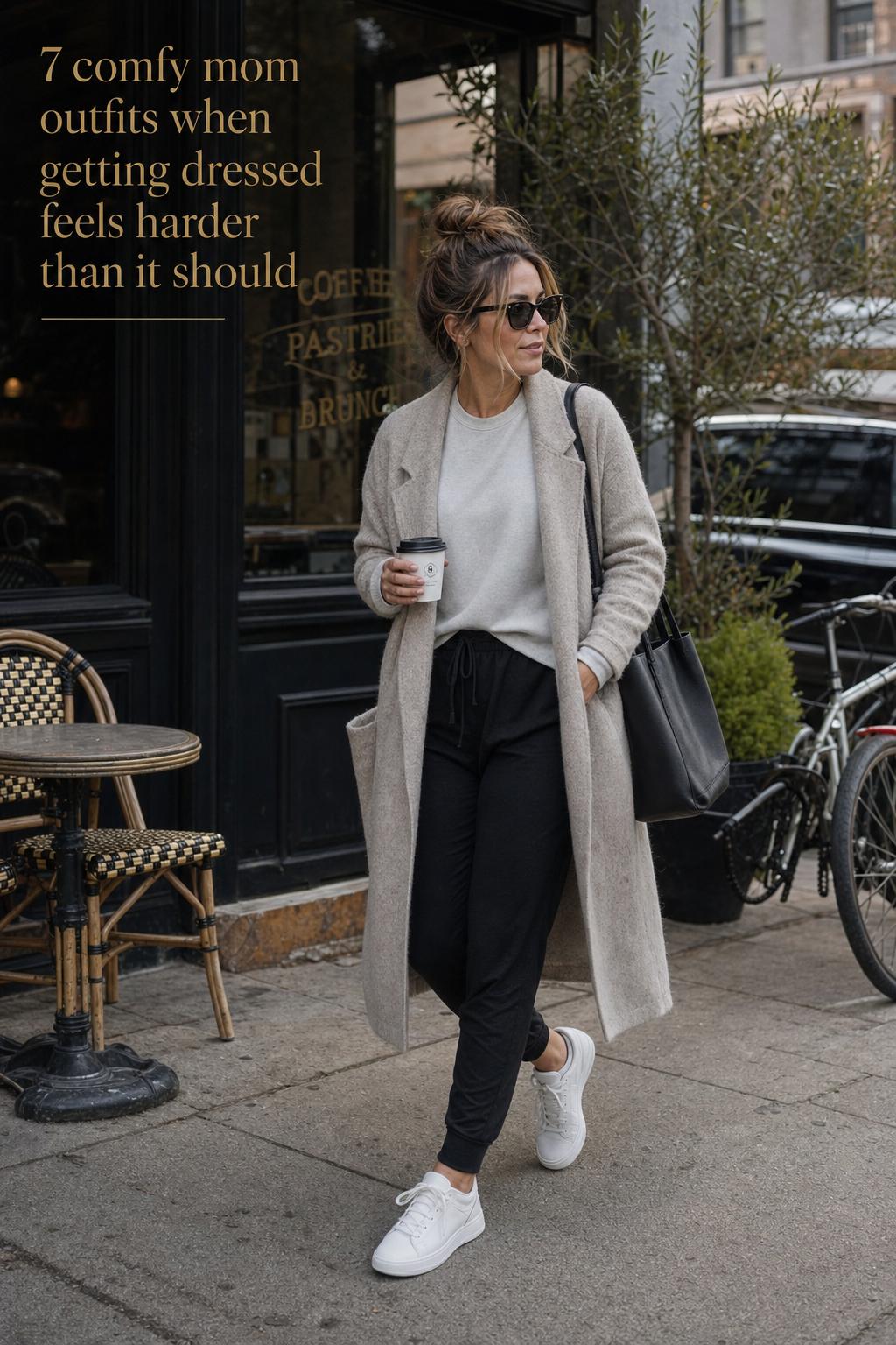 Comfy mom outfits inspiration: woman in black leggings, knit sweater and coat walking past a neighborhood cafe on a cloudy day.
