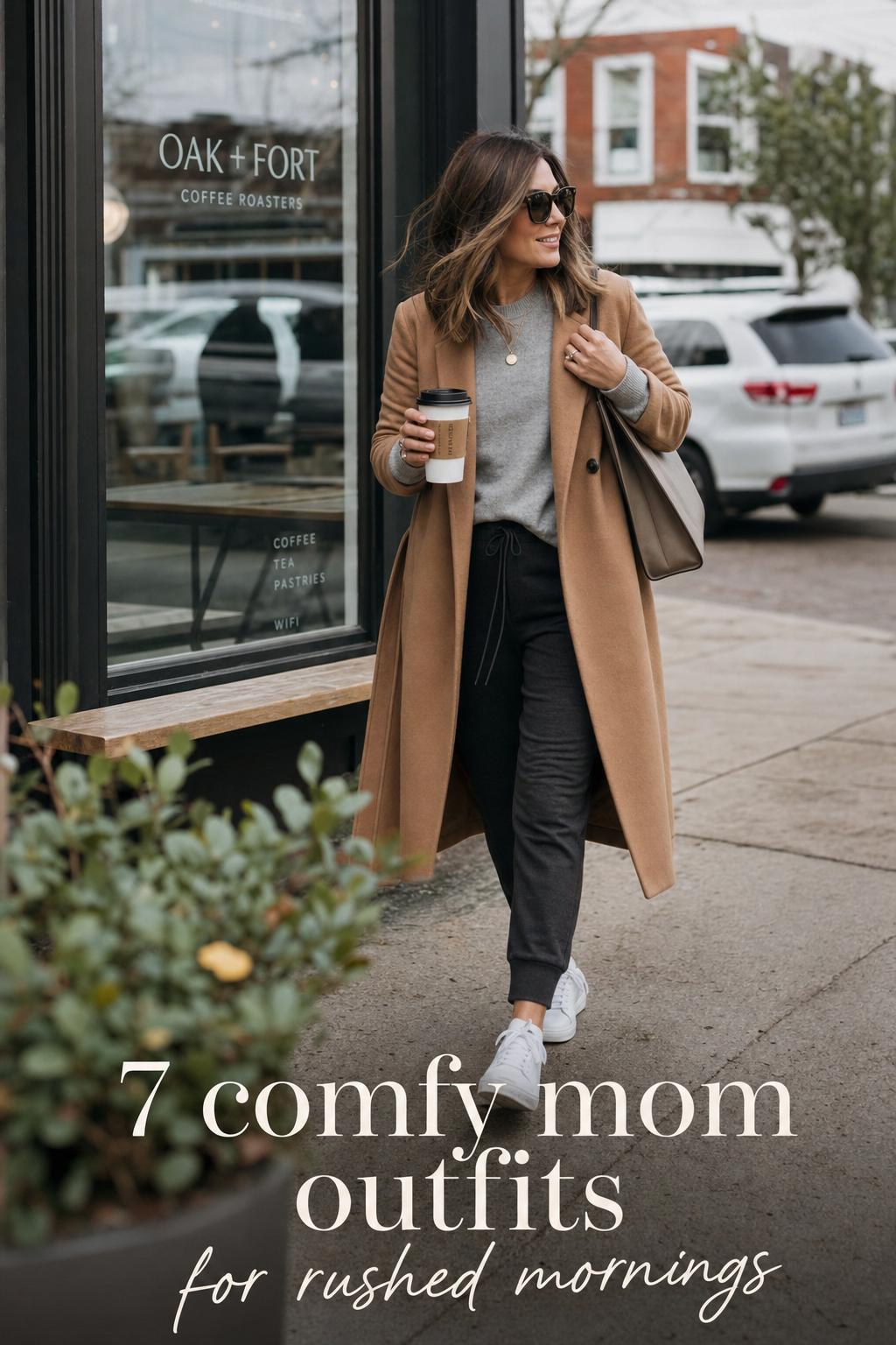 Woman in comfy mom outfits walking outside a coffee shop in camel coat, gray sweater, joggers, and white sneakers