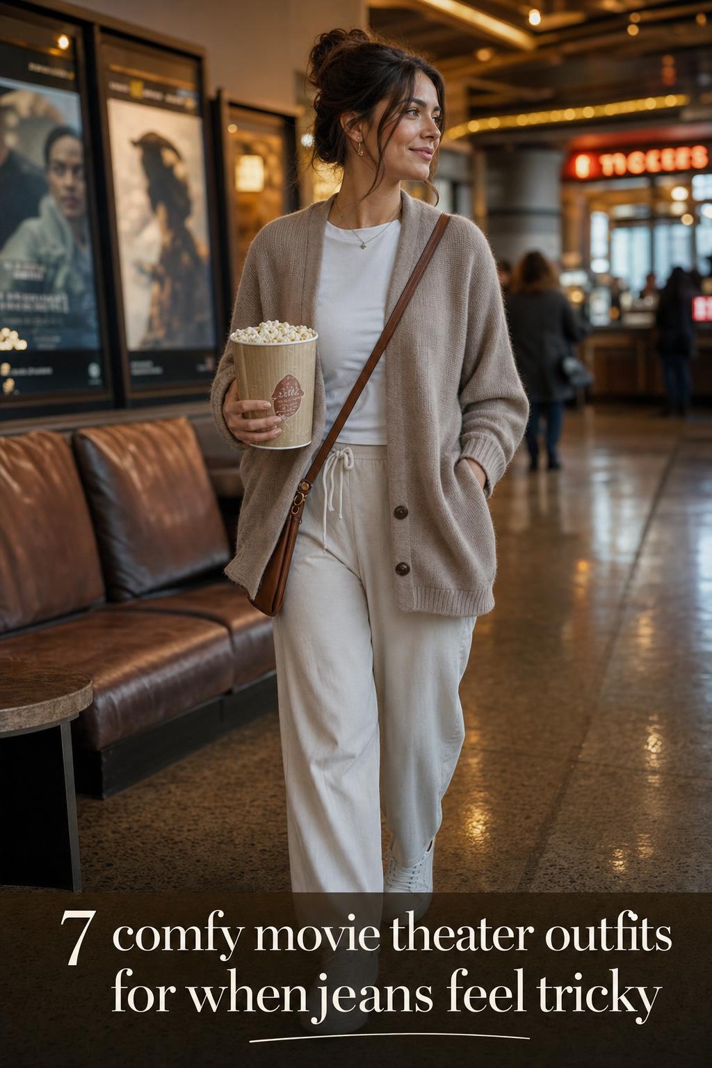 Adult woman in a cinema lobby wearing layered comfy movie theater outfits with jeans, cardigan, sneakers, and crossbody bag