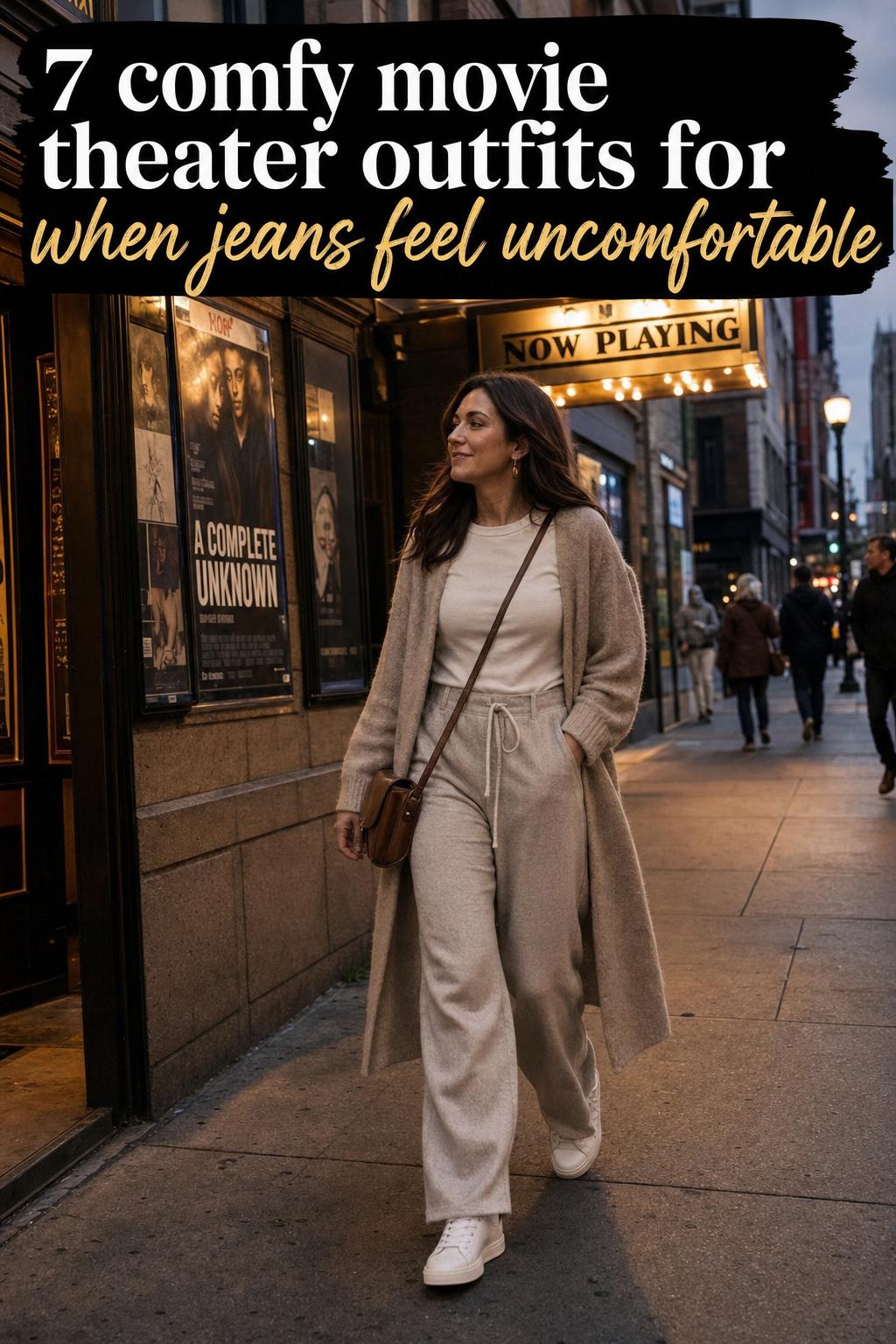 Comfy movie theater outfits featuring cozy layers, sneakers, and a relaxed casual look for a night at the cinema