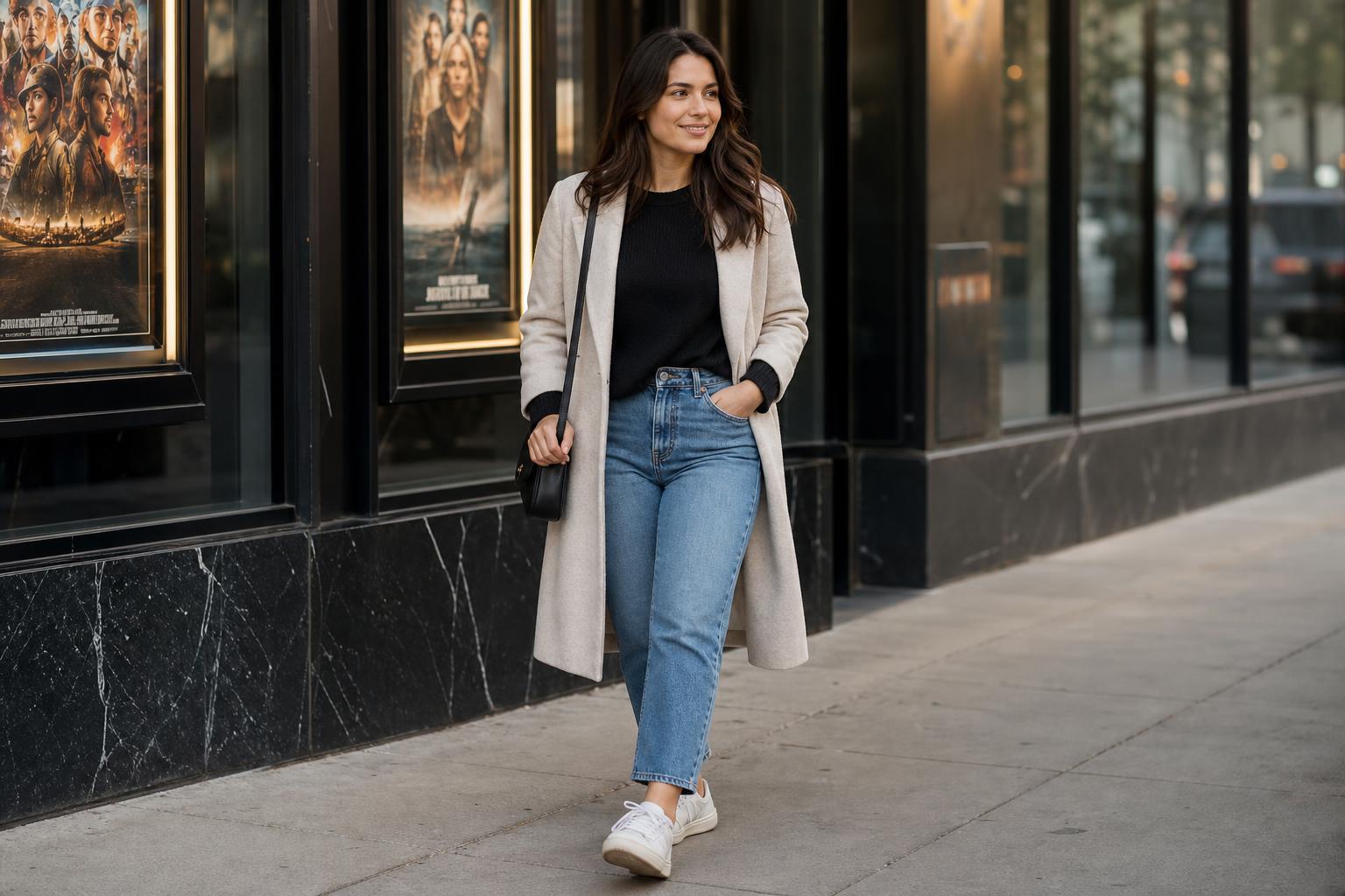 Comfy movie theater outfits with jeans, knit sweater, cardigan, sneakers, and a crossbody bag for casual chic comfort