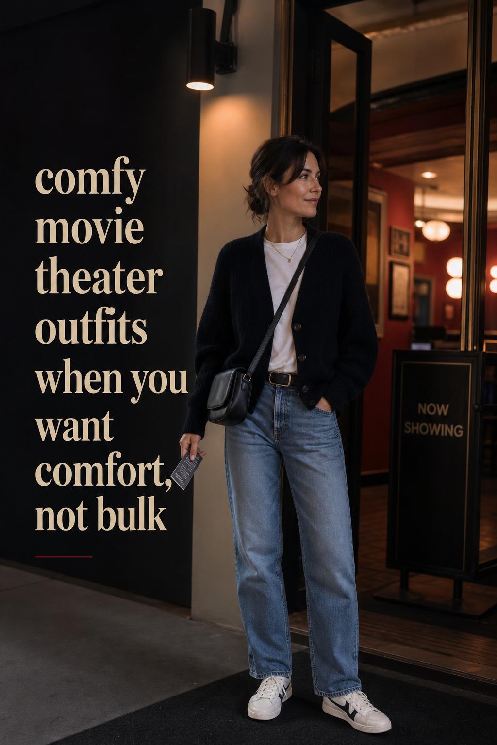 Adult in refined denim and cardigan in a moody urban cinema lobby, showcasing comfy movie theater outfits