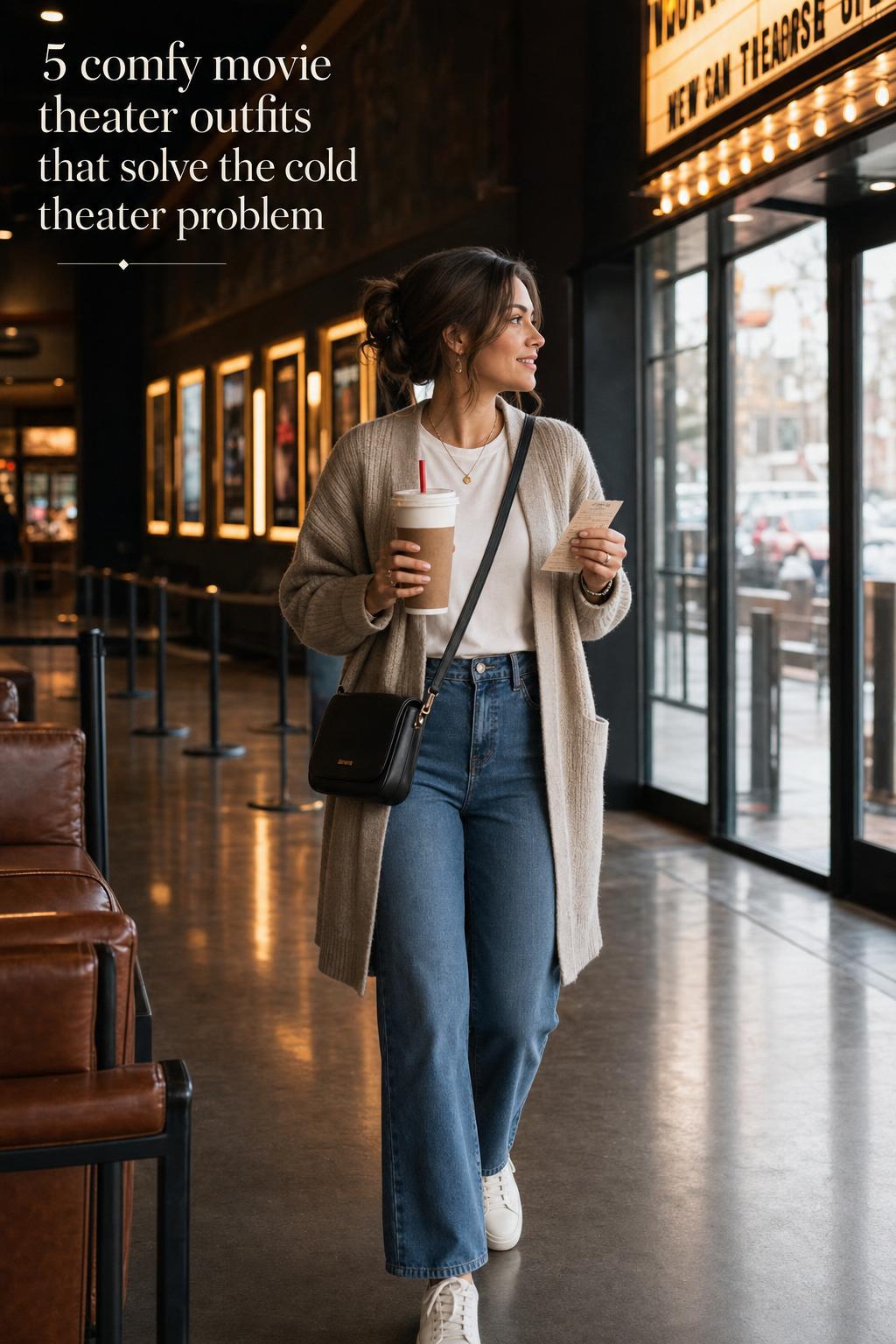 Woman in layered comfy movie theater outfits outside a neighborhood cinema, holding a ticket and drink in warm evening light