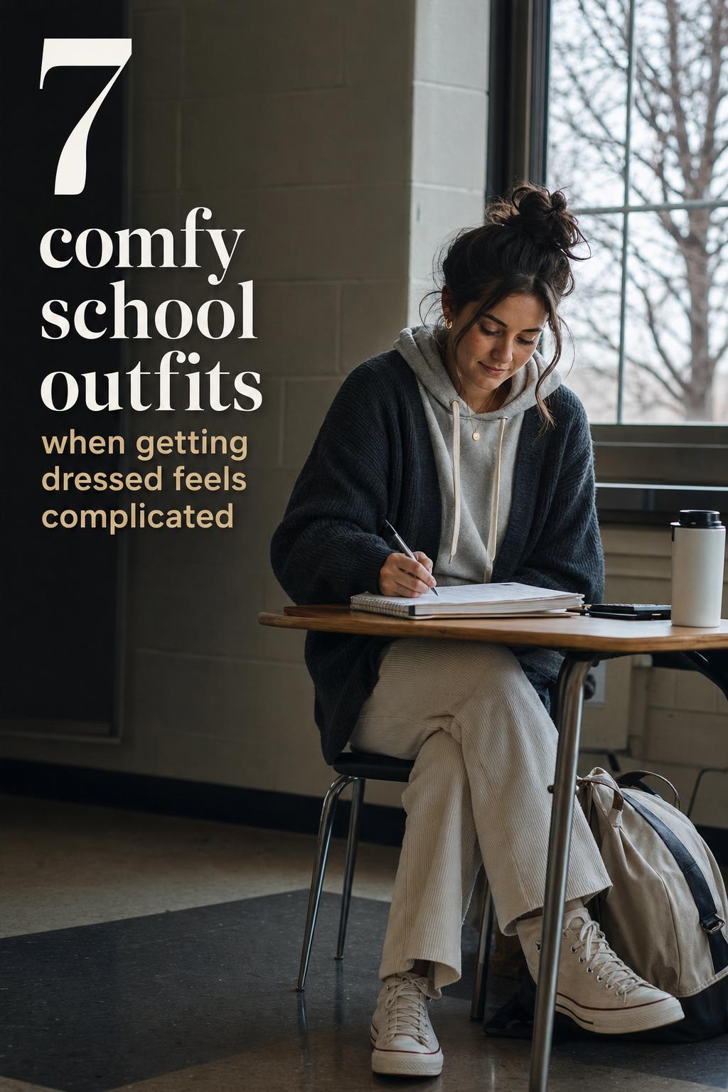Comfy school outfits idea: adult student in a window-lit classroom wearing layered hoodie and cardigan with tote bag