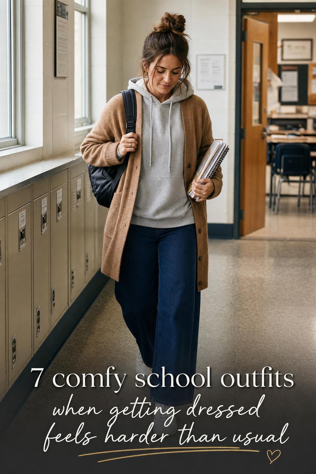 Comfy school outfits idea: woman in gray hoodie and camel cardigan walking past lockers with backpack and notebooks
