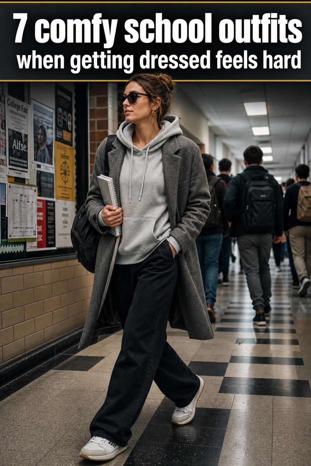 Comfy school outfits laid out on a bed with hoodie, jeans, sneakers, and backpack for an easy casual look